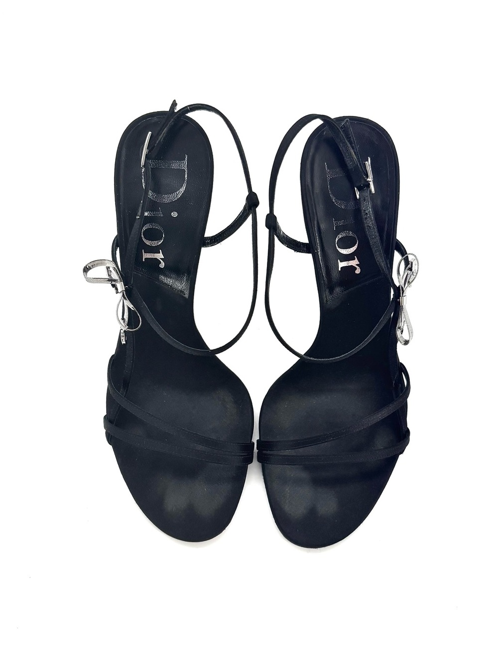 Dior John Galliano Vintage CD Bow Charm Black Satin Ankle Strap Sandals 36.5 - Picture 9 of 11